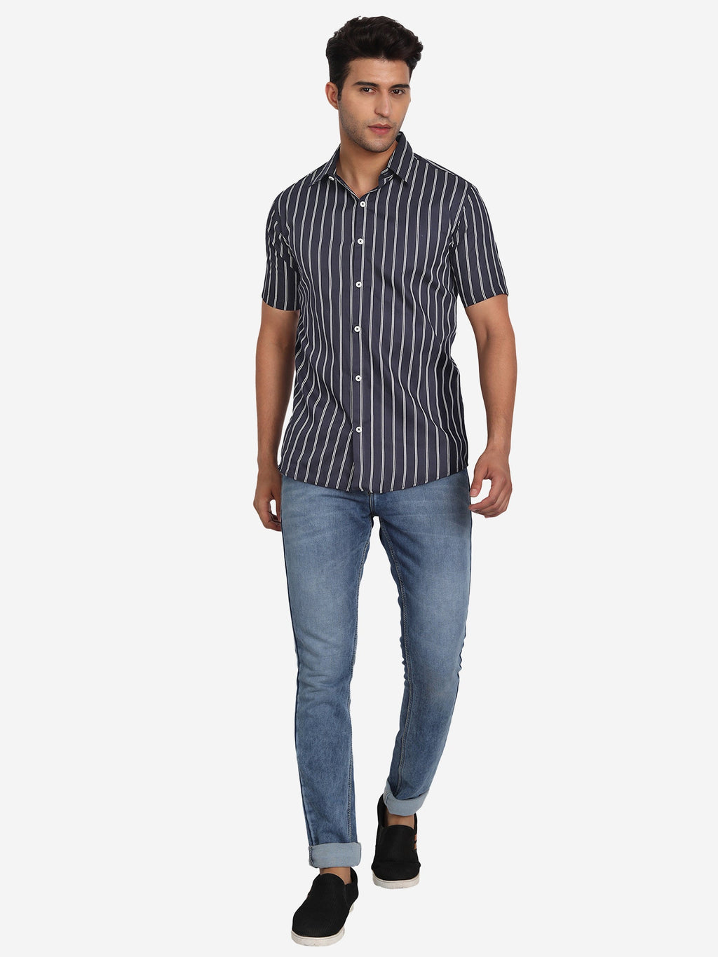Men's Double Strip Half Sleeve Shirt in Navy by BLUE ROBED, detail view