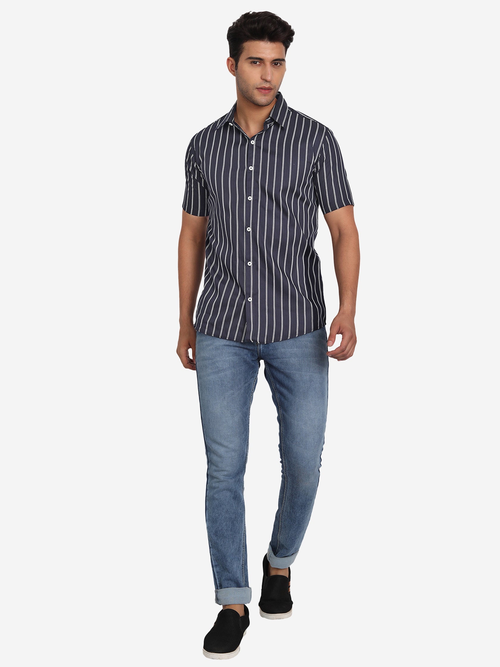 Men's Double Strip Half Sleeve Shirt in Navy by BLUE ROBED, detail view