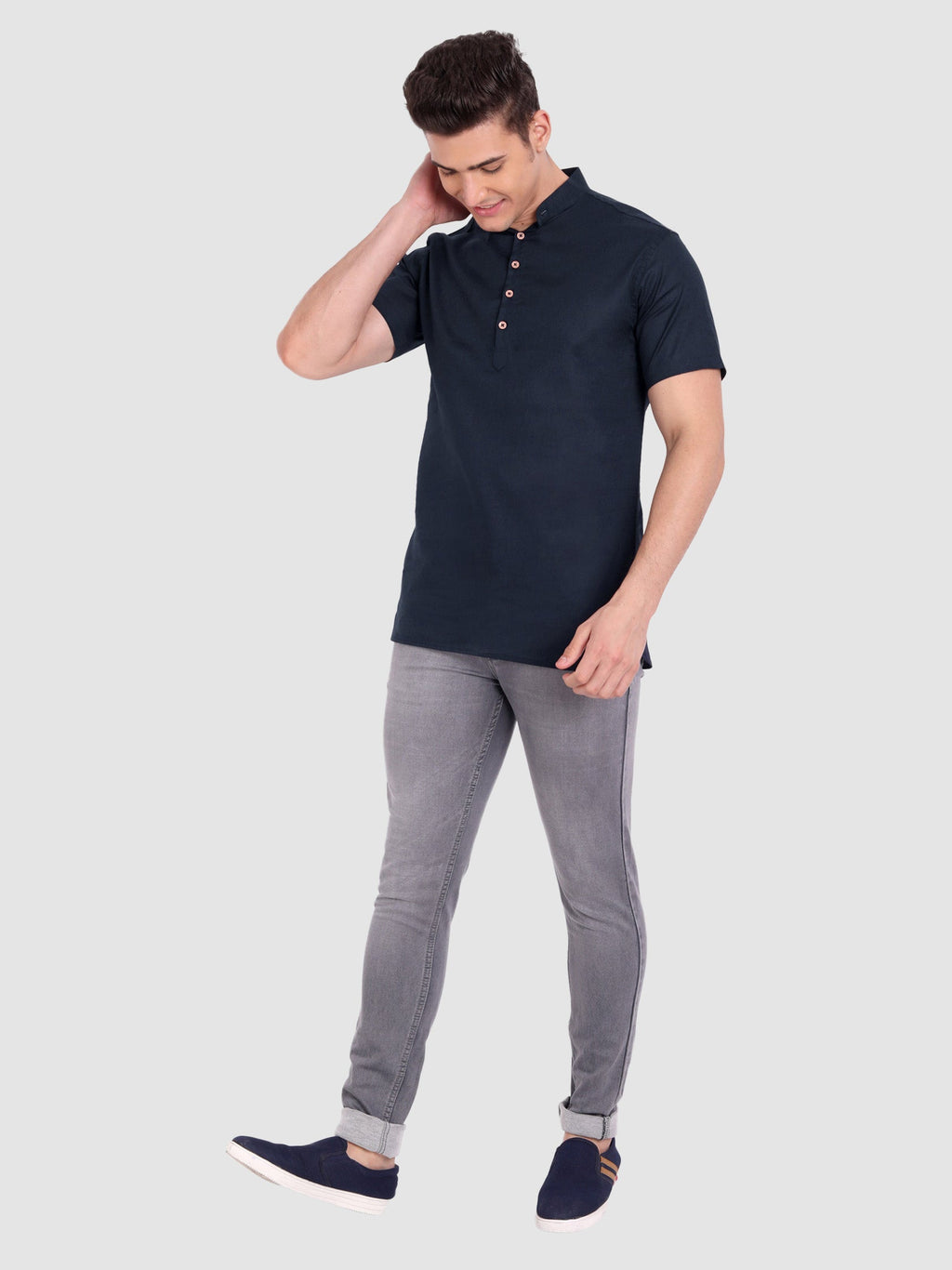 BLUE ROBED men's Half Sleeve Casual Cotton Kurta Daily Wear in Navy view 41