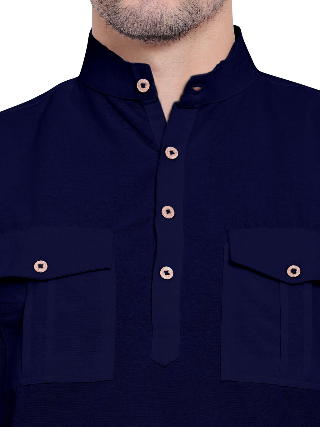 BLUE ROBED men's Casual Slim Fit Full Sleeve Double Pocket Cotton Kurta in Navy view 5