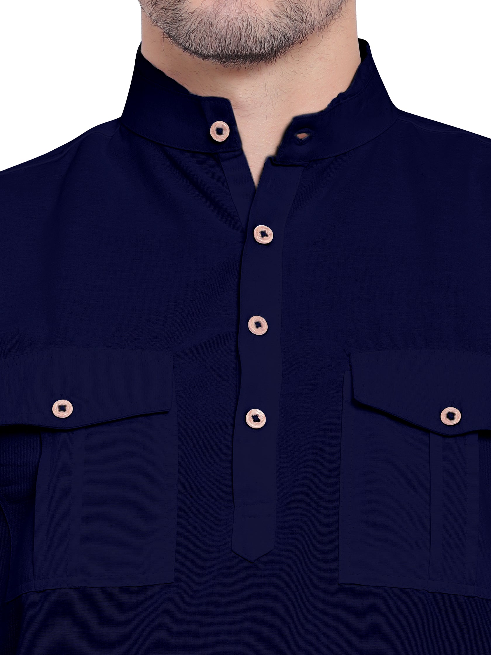 BLUE ROBED men's Casual Slim Fit Full Sleeve Double Pocket Cotton Kurta in Navy view 5