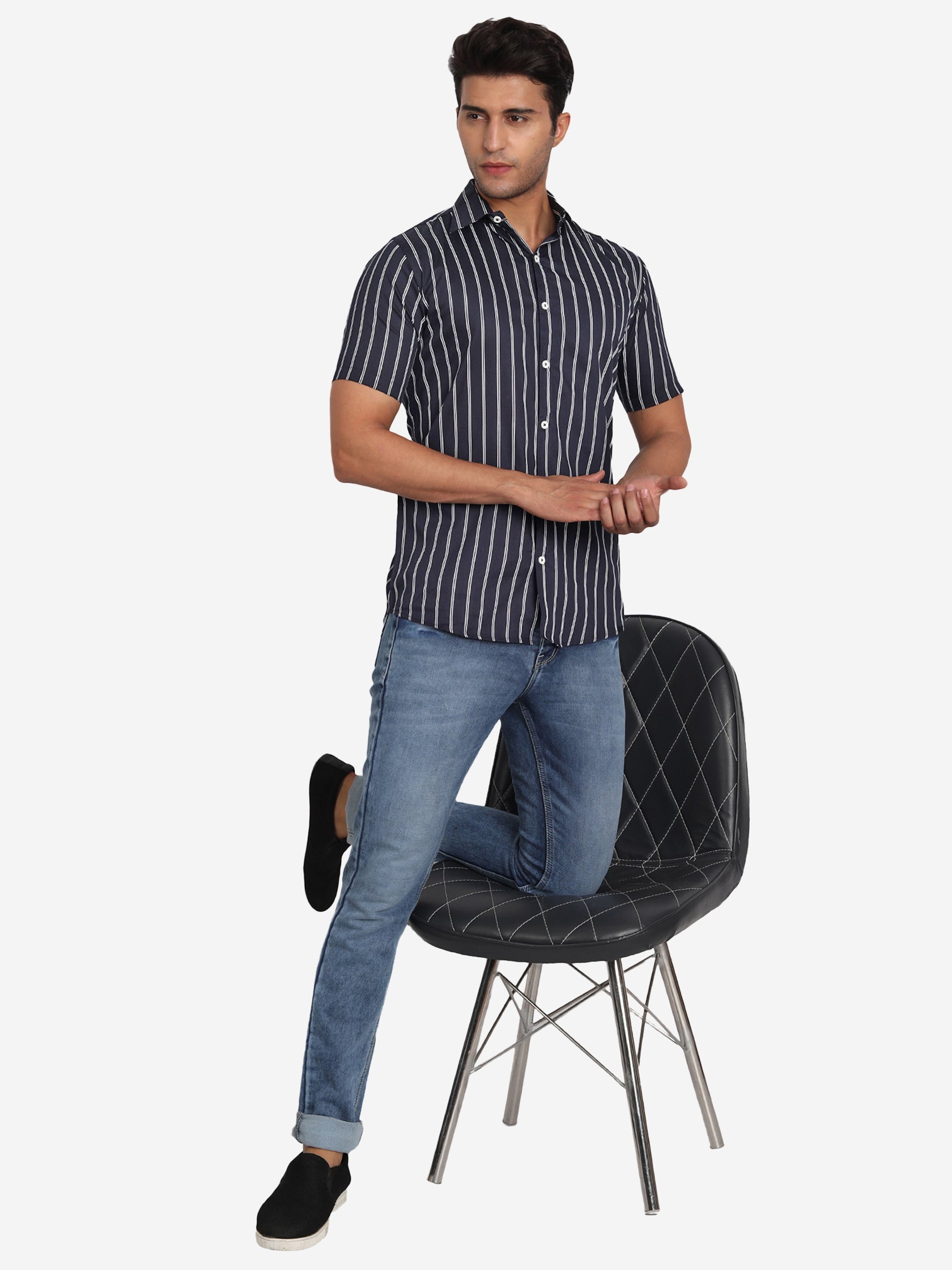 Men's Double Strip Half Sleeve Shirt in Navy by BLUE ROBED, style view