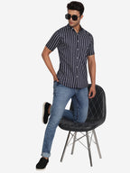 Men's Double Strip Half Sleeve Shirt in Navy by BLUE ROBED, fit view
