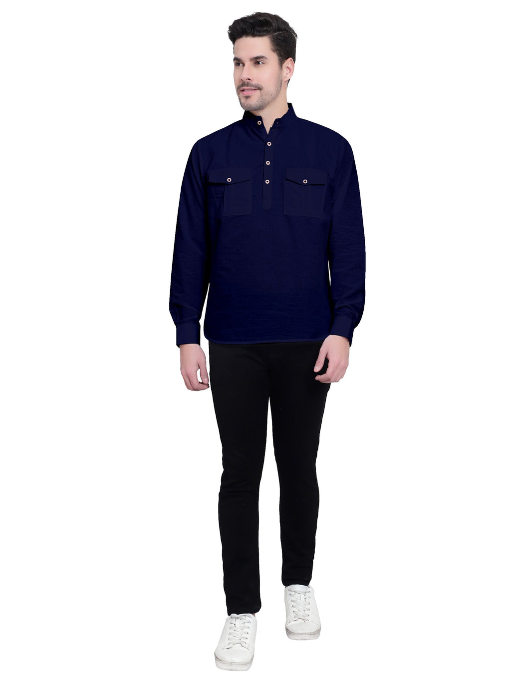 BLUE ROBED men's Casual Slim Fit Full Sleeve Double Pocket Cotton Kurta in Navy view 7