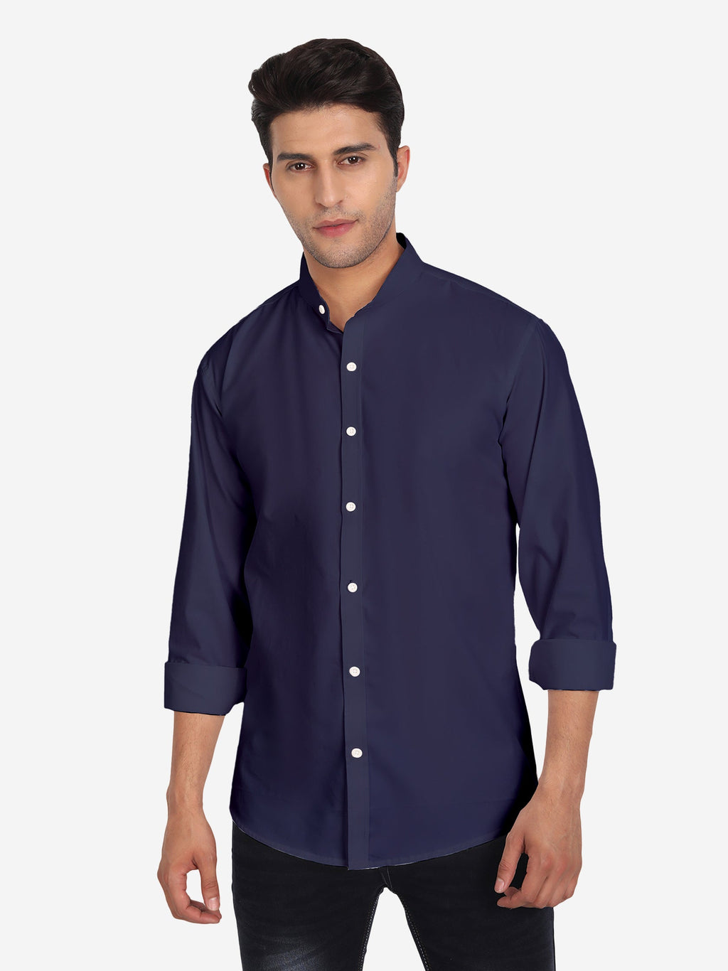 Men's Pure Cotton Mandarin Collar Casual Shirt in White by BLUE ROBED, side view