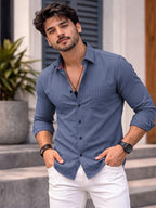 Men's Pure Cotton Casual Shirt | Full Sleeve Textured Check Shirt | Regular Fit