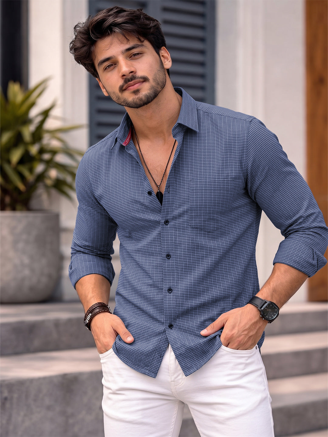 Men's Pure Cotton Casual Shirt | Full Sleeve Textured Check Shirt | Regular Fit