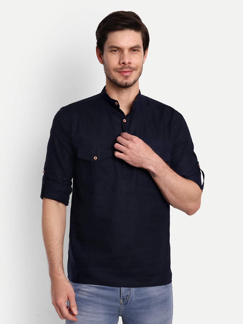 BLUE ROBED men's Casual Slim Fit Full Sleeve Double Pocket Cotton Trendy Kurta in Navy view 8