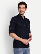BLUE ROBED men's Casual Slim Fit Full Sleeve Double Pocket Cotton Trendy Kurta in Navy view 9