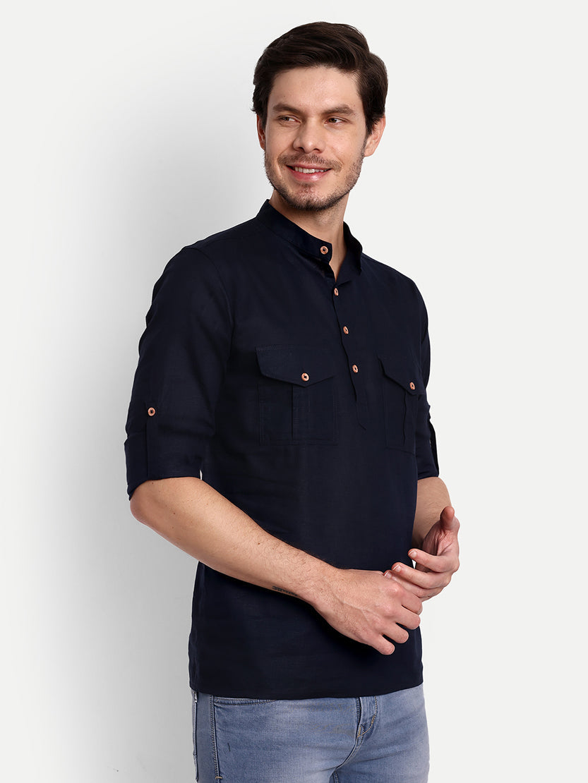 BLUE ROBED men's Casual Slim Fit Full Sleeve Double Pocket Cotton Trendy Kurta in Navy view 9