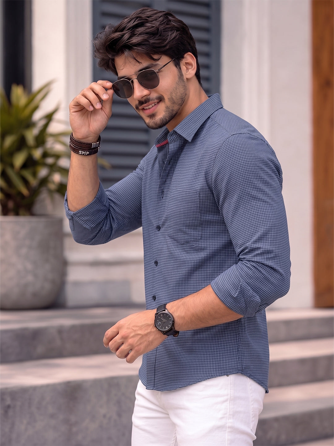 Men's Pure Cotton Casual Shirt | Full Sleeve Textured Check Shirt | Regular Fit