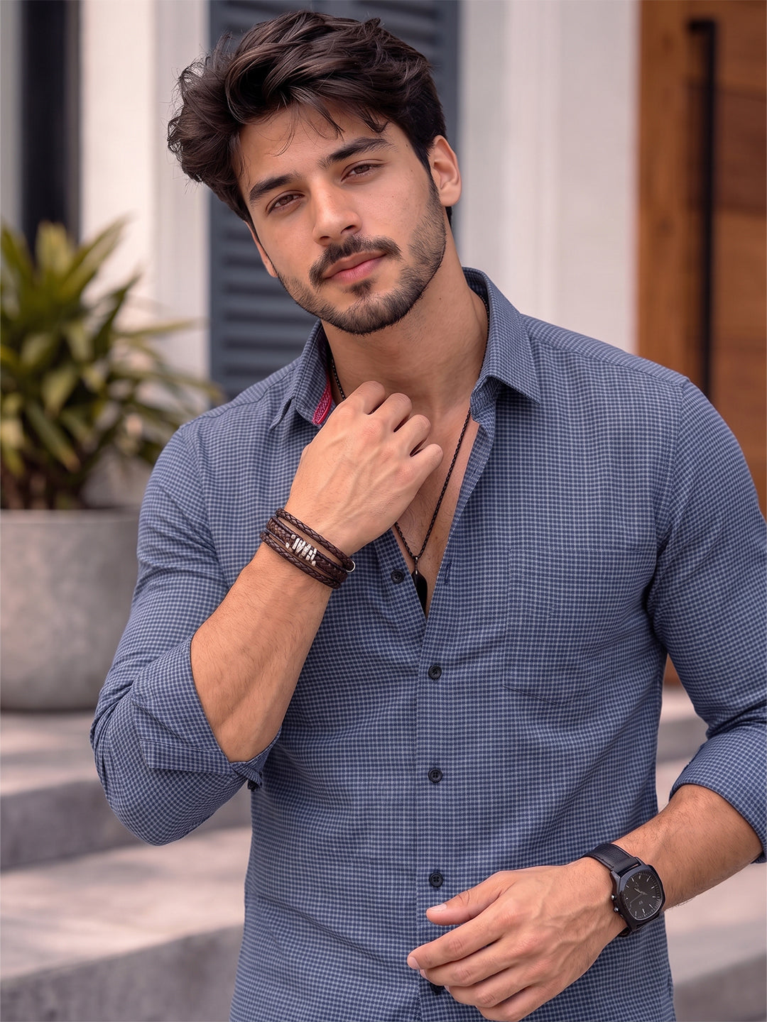 Men's Pure Cotton Casual Shirt | Full Sleeve Textured Check Shirt | Regular Fit