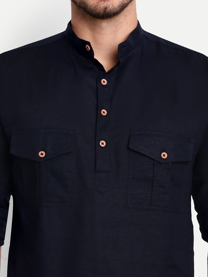 BLUE ROBED men's Casual Slim Fit Full Sleeve Double Pocket Cotton Trendy Kurta in Navy view 11