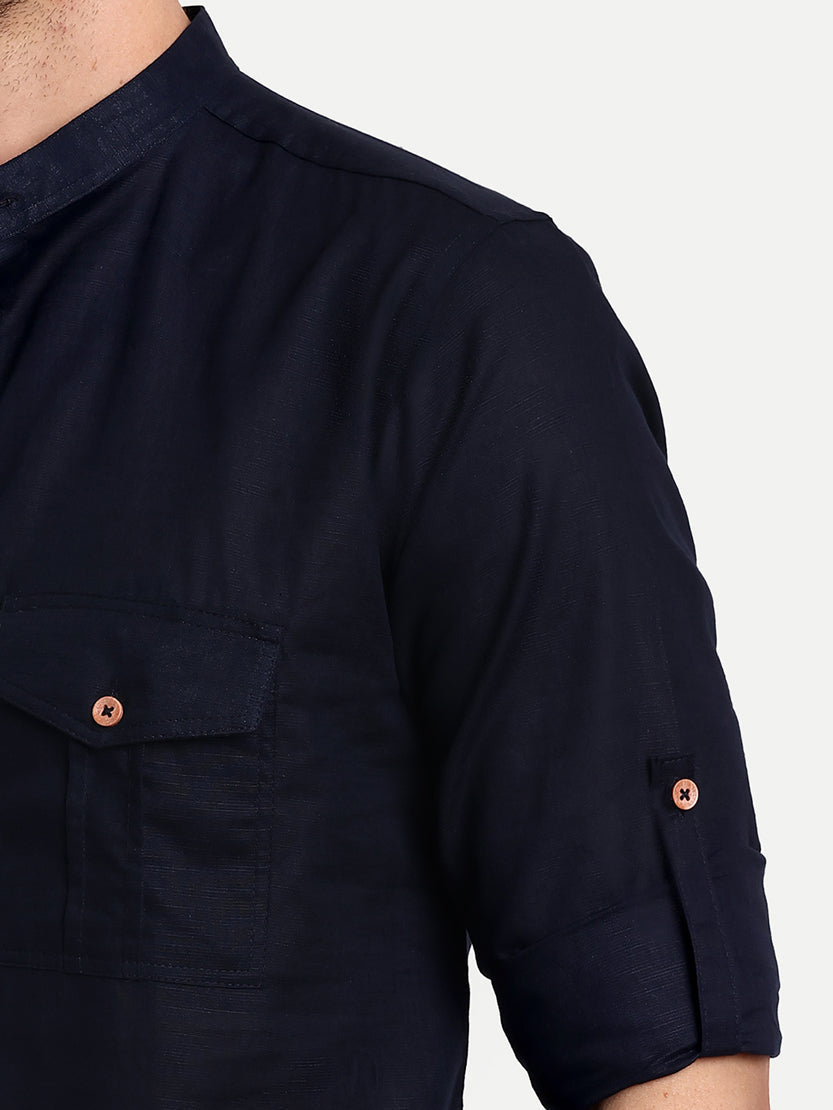 BLUE ROBED men's Casual Slim Fit Full Sleeve Double Pocket Cotton Trendy Kurta in Navy view 12