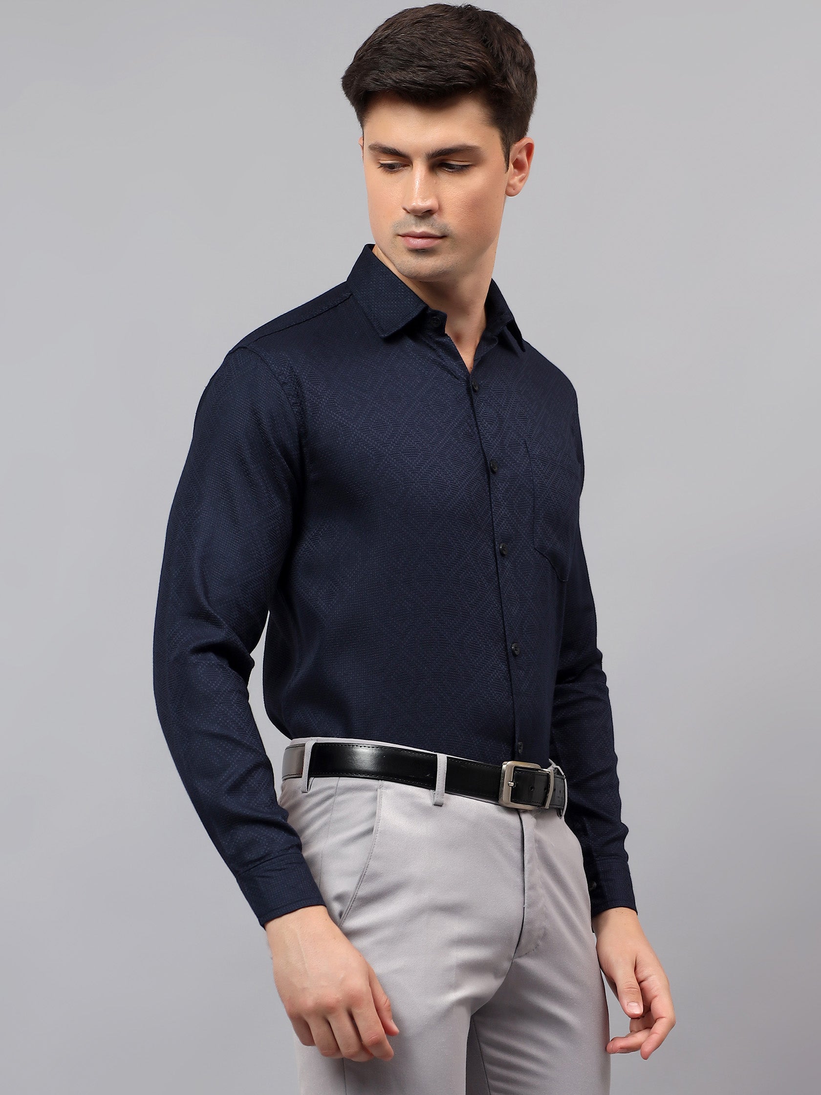 Men's Full Sleeve Spread Collar Premium Casual Shirt for Men in Black by BLUE ROBED, front view