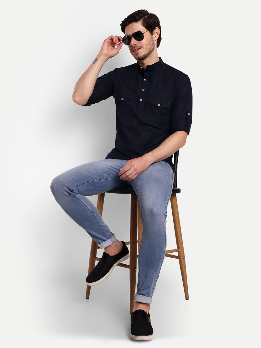 BLUE ROBED men's Casual Slim Fit Full Sleeve Double Pocket Cotton Trendy Kurta in Navy view 13