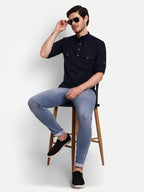 BLUE ROBED men's Casual Slim Fit Full Sleeve Double Pocket Cotton Trendy Kurta in Navy view 13