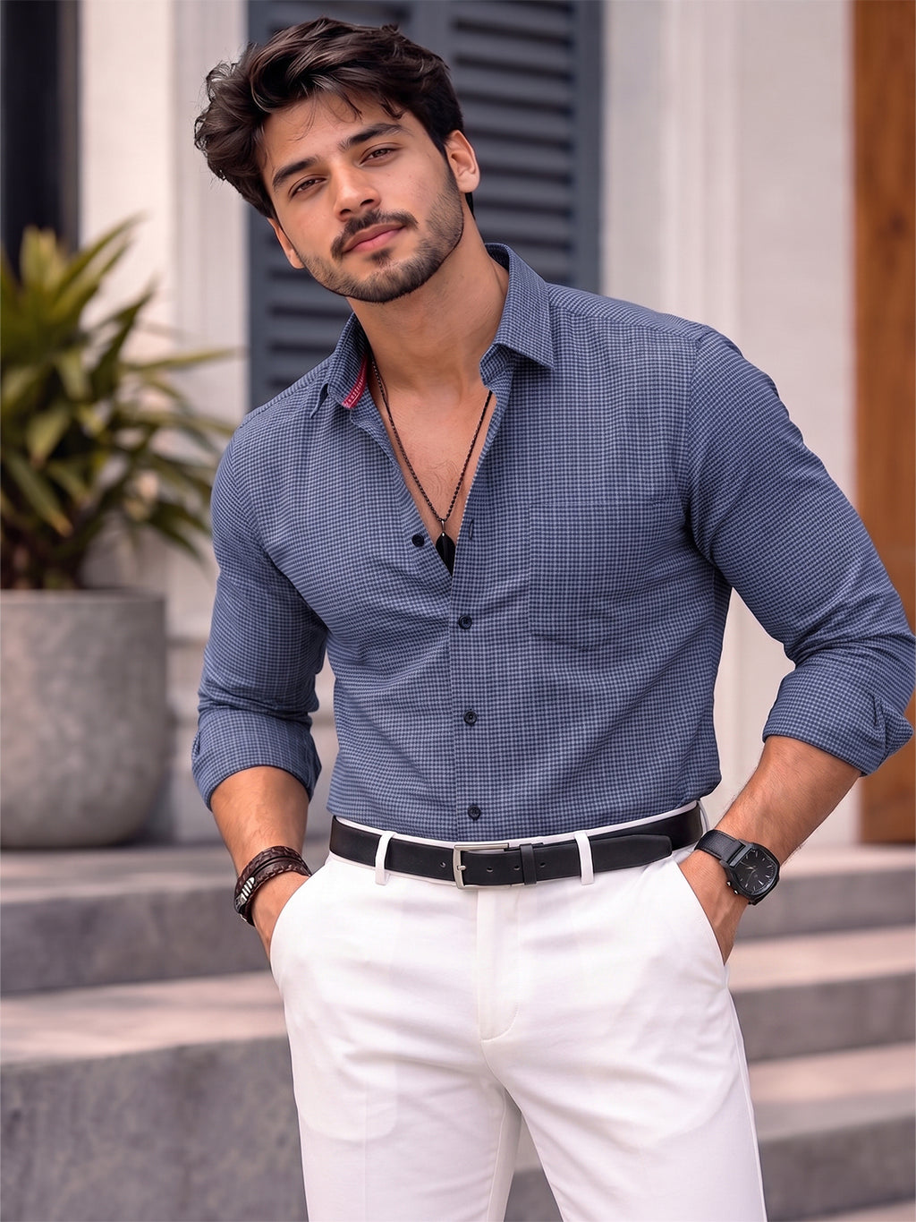 Men's Pure Cotton Casual Shirt | Full Sleeve Textured Check Shirt | Regular Fit