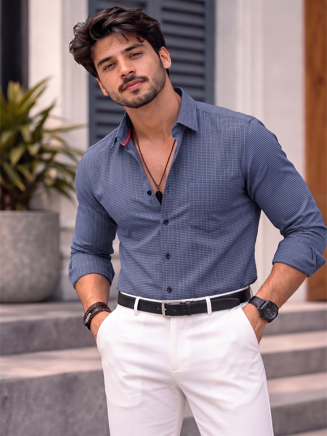 Men's Pure Cotton Casual Shirt | Full Sleeve Textured Check Shirt | Regular Fit
