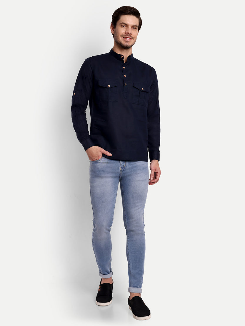BLUE ROBED men's Casual Slim Fit Full Sleeve Double Pocket Cotton Trendy Kurta in Navy view 14