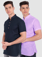 BLUE ROBED men's Casual Slim Fit Half Sleeve Cotton Kurta (Pack 2) in Navy view 2
