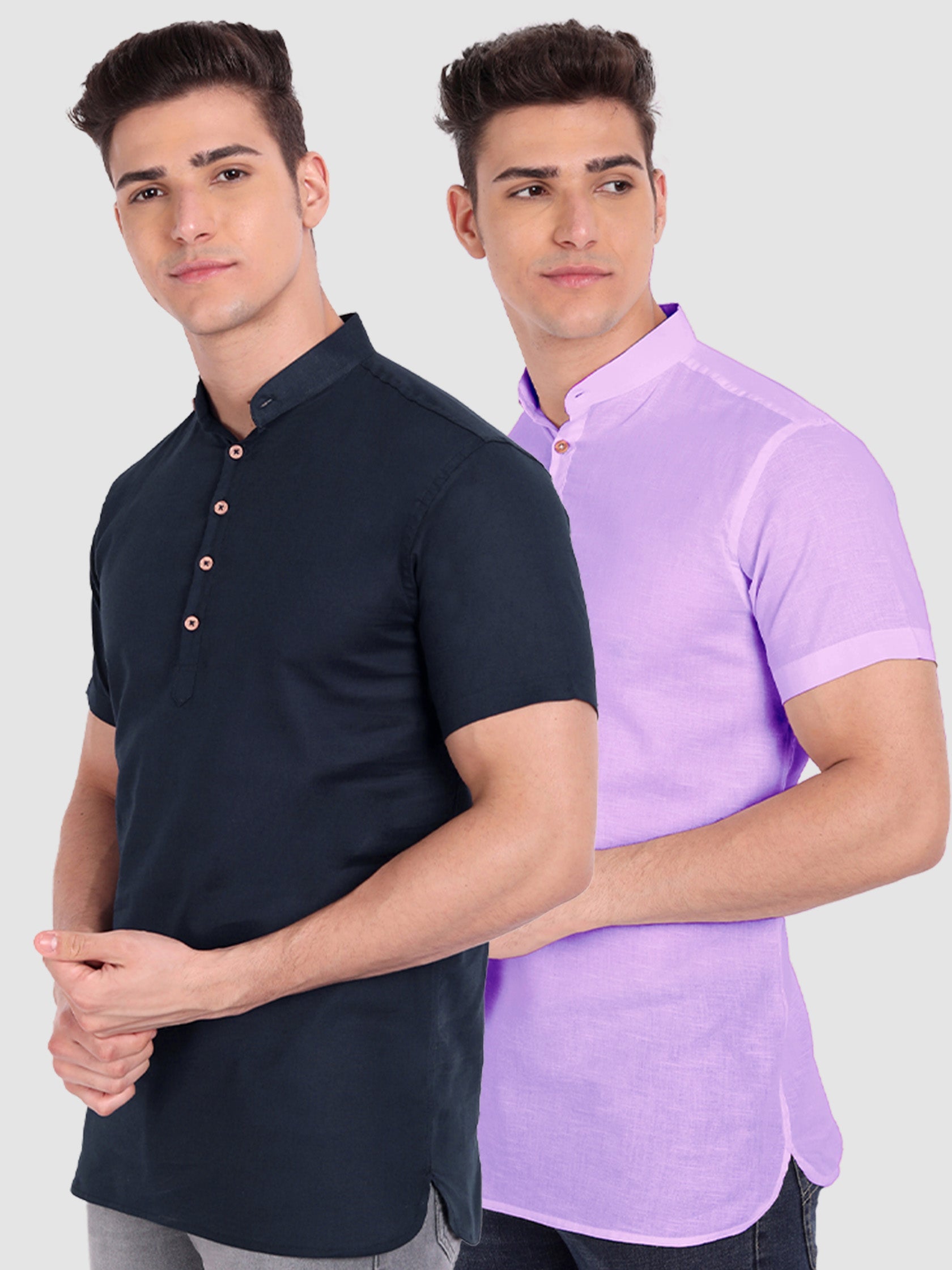 BLUE ROBED men's Casual Slim Fit Half Sleeve Cotton Kurta (Pack 2) in Navy view 2