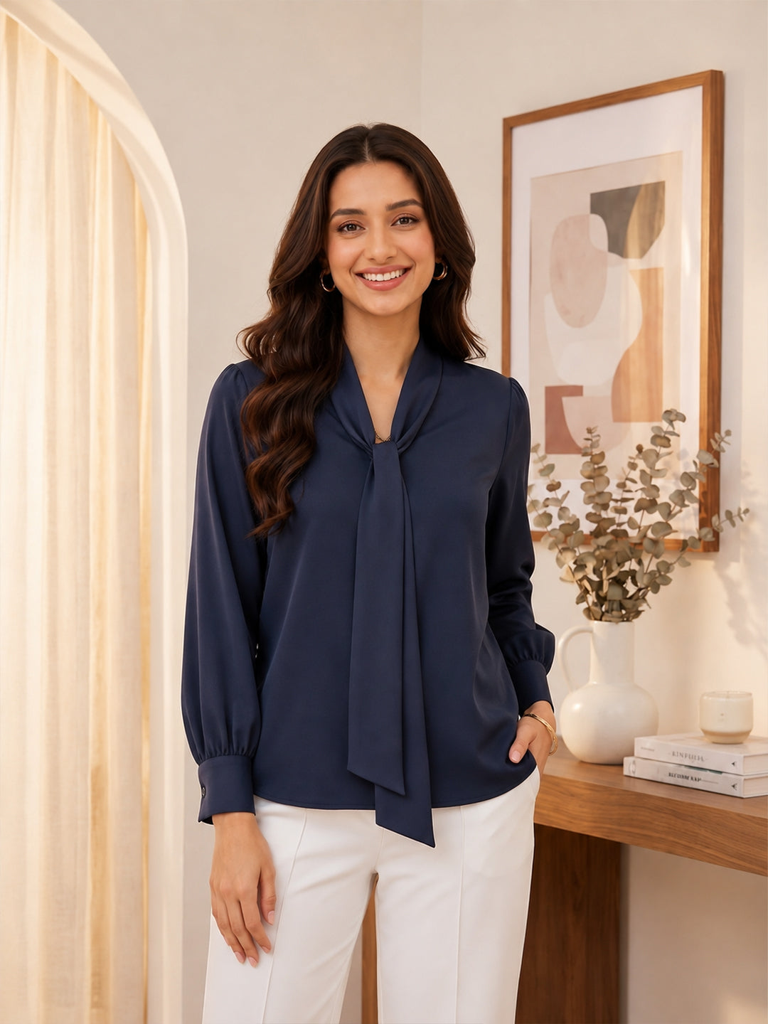 Women Solid Tie-Up Neck Crepe Top Main image