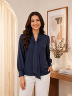 Women Solid Tie-Up Neck Crepe Top