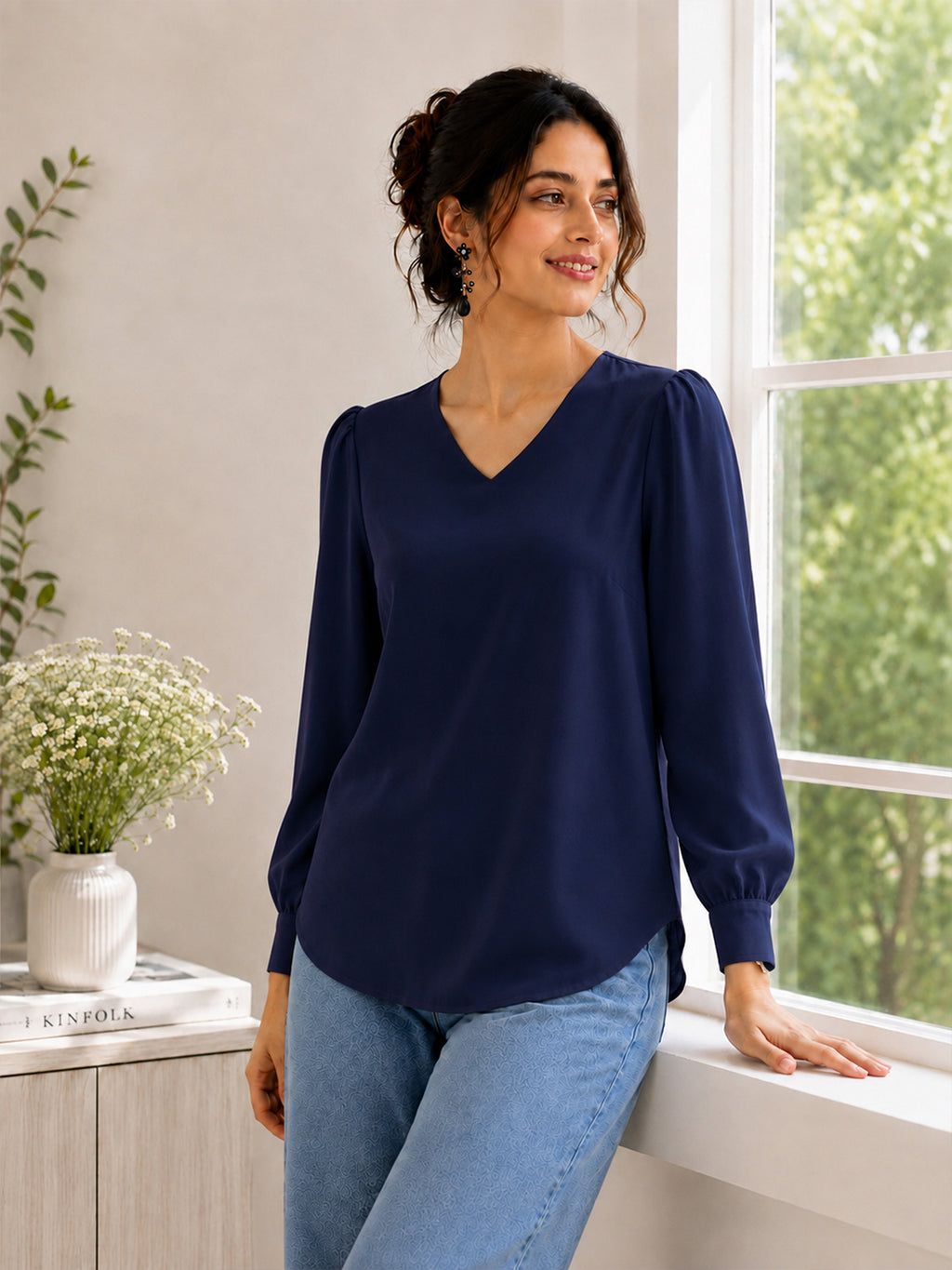 Women’s Crepe Formal Top | Elegant V-Neck Office Wear Blouse