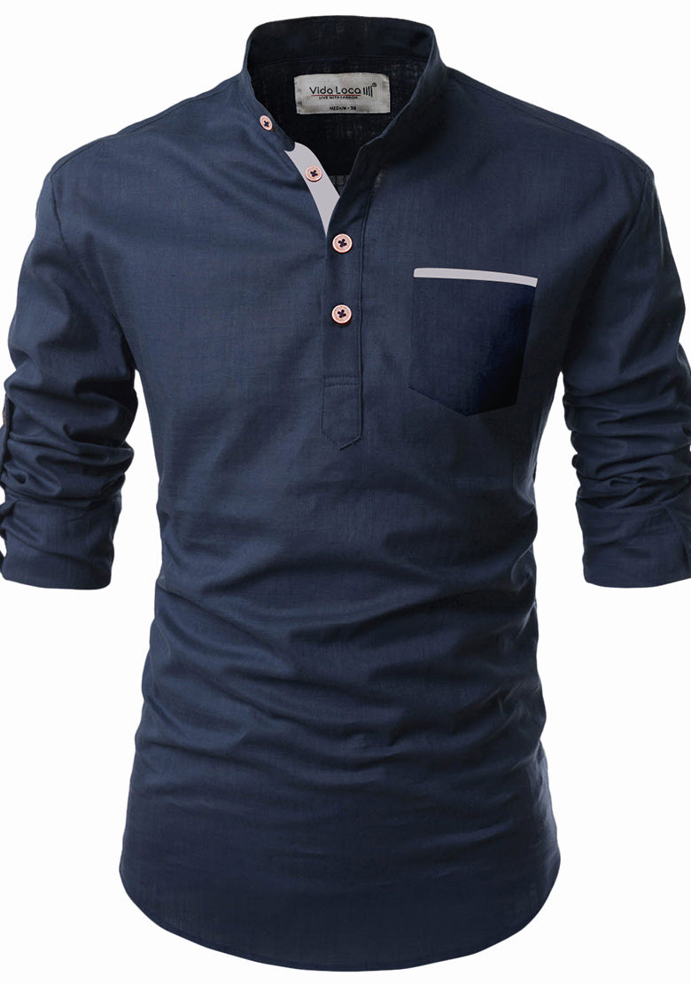 BLUE ROBED men's Casual Slim Fit Full Sleeve Pocket Contrast Kurta in Navy Blue view 31