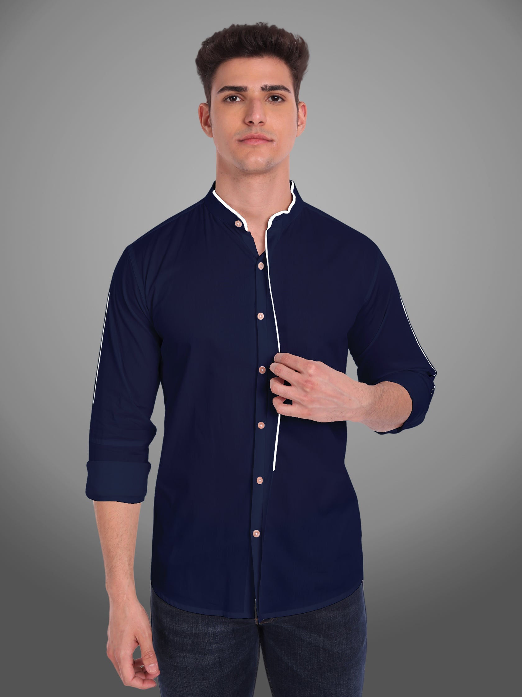 Men's Shoulder Piping Full Sleeve Shirt in Black by BLUE ROBED, side view