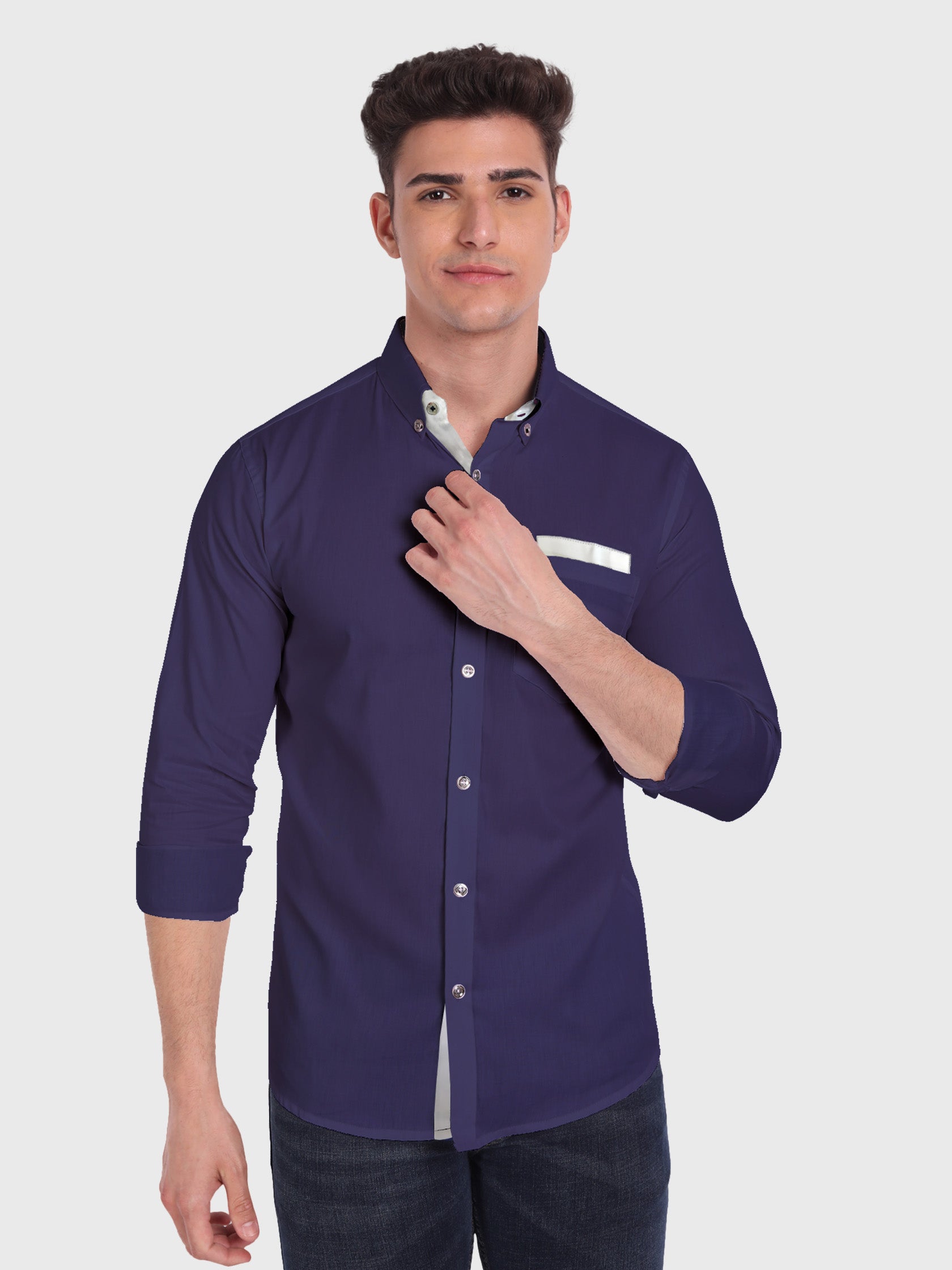 Men's Casual Full Sleeve Silver Button Shirt in White by BLUE ROBED, style view