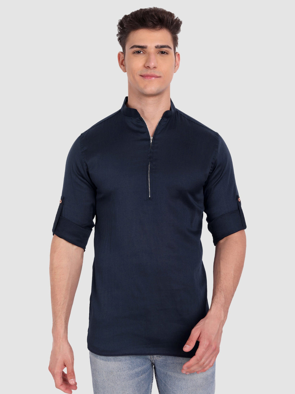 BLUE ROBED men's Casual ZIP Style Full Sleeve Cotton Kurta in Navy Blue view 26