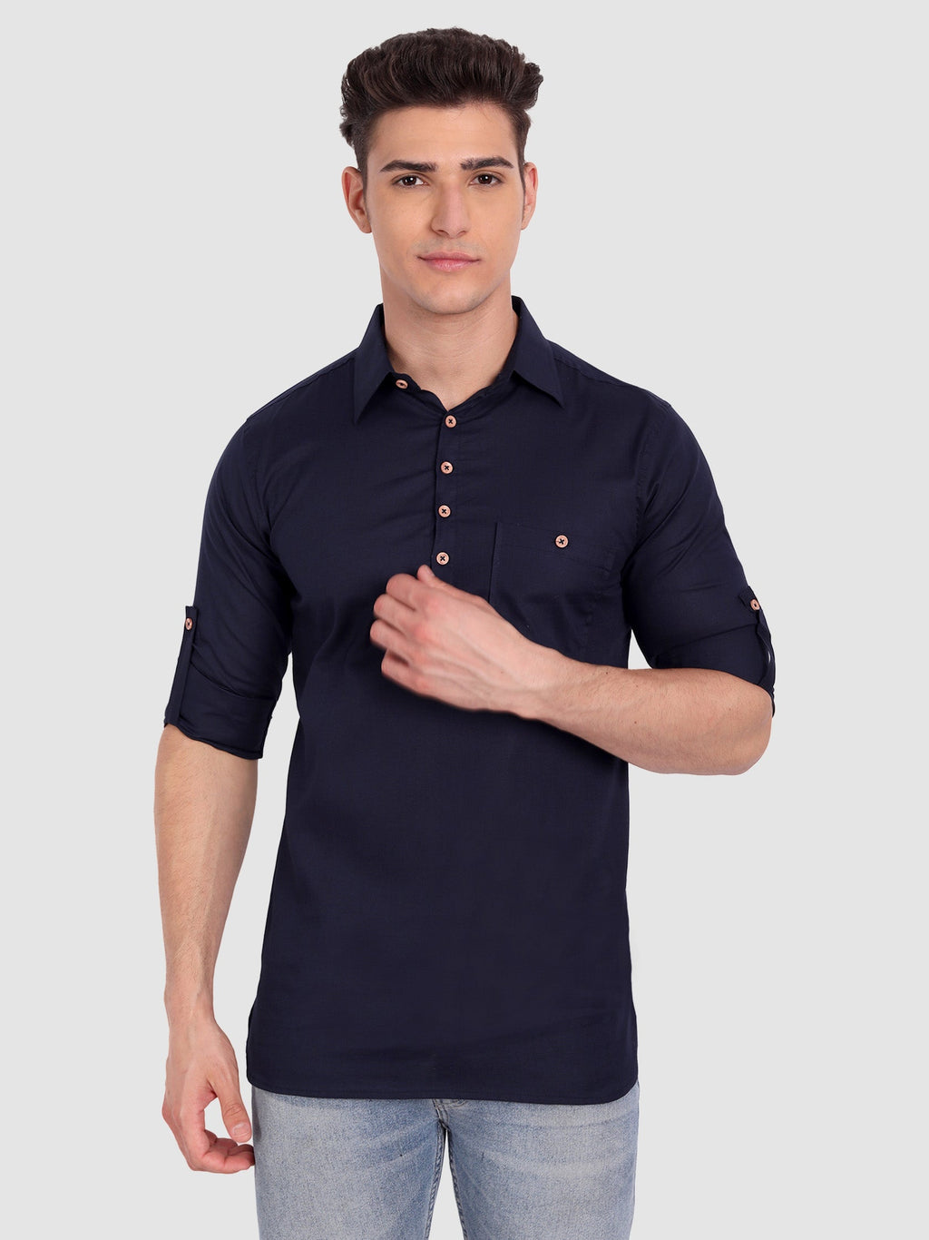 BLUE ROBED men's Full Sleeve Casual Cotton Kurta in Navy Blue view 37