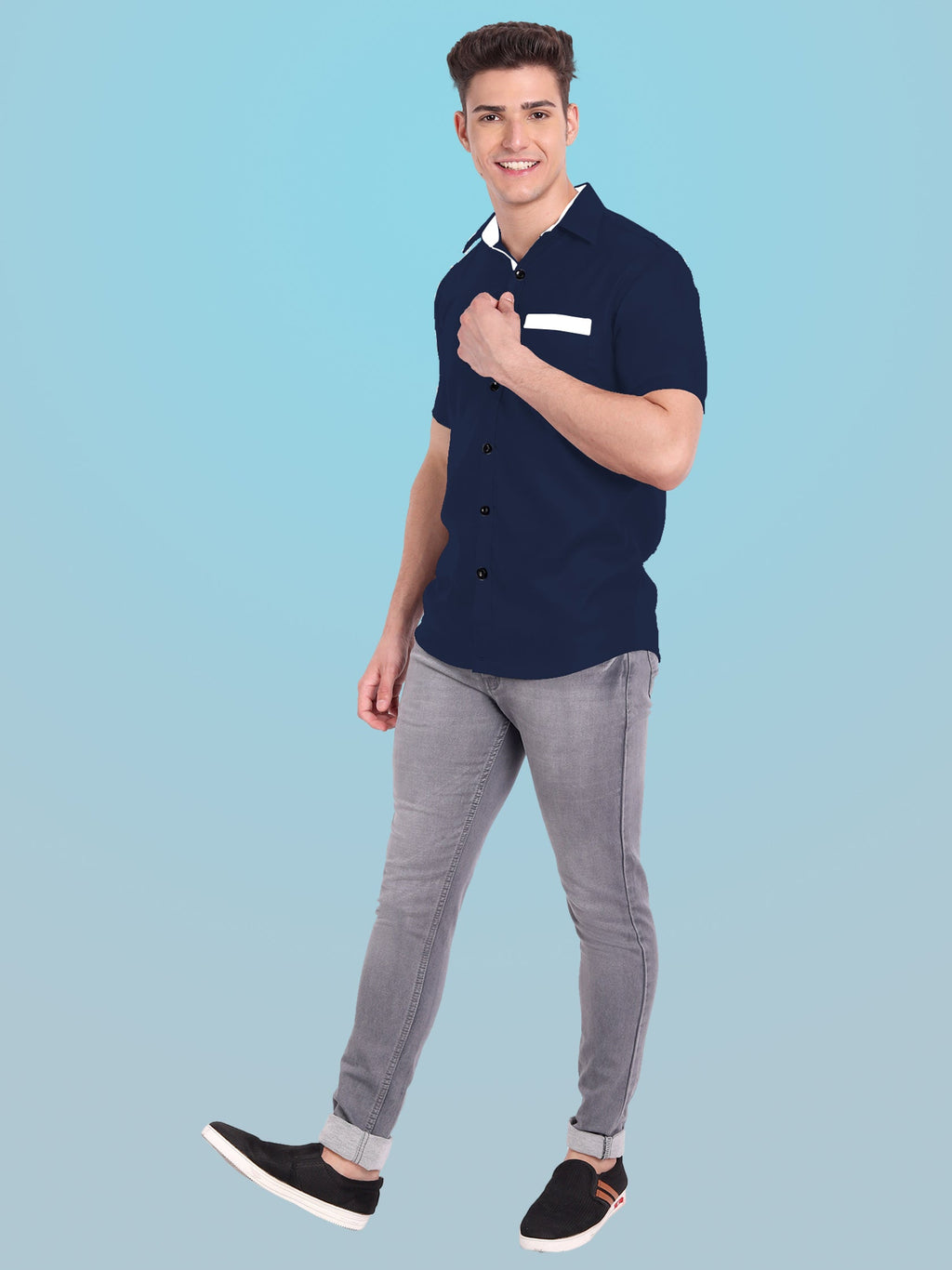 Men's Casual Half Sleeve Silver Button Shirt in Black by BLUE ROBED, side view