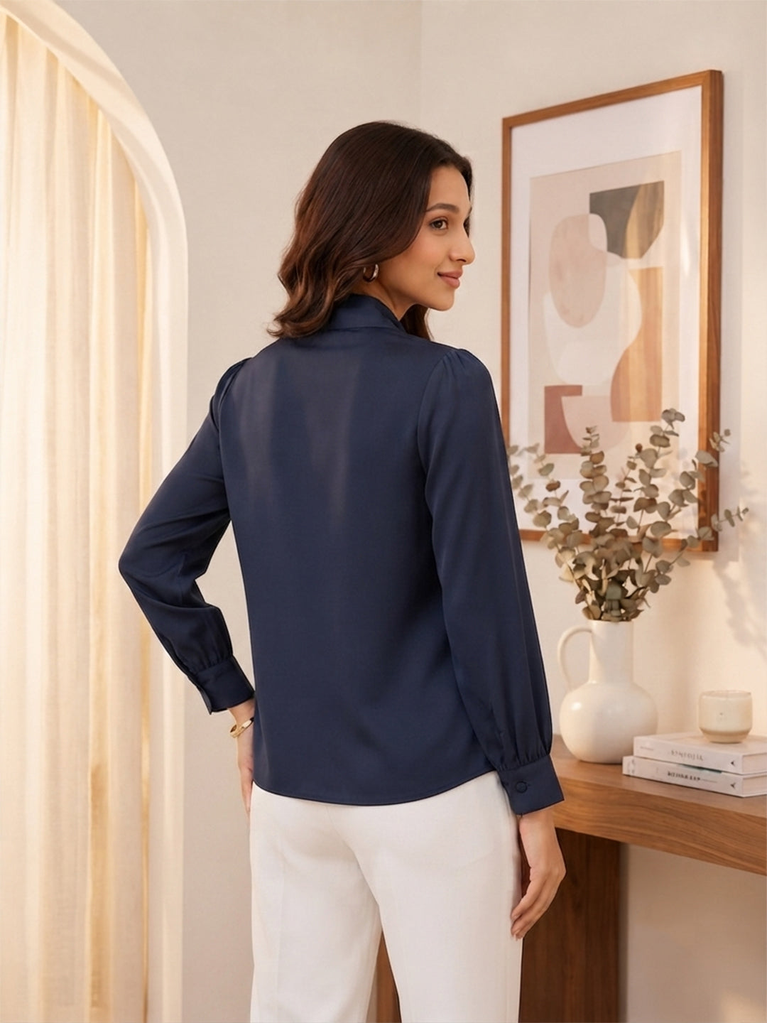 Women Solid Tie-Up Neck Crepe Top Secondary image