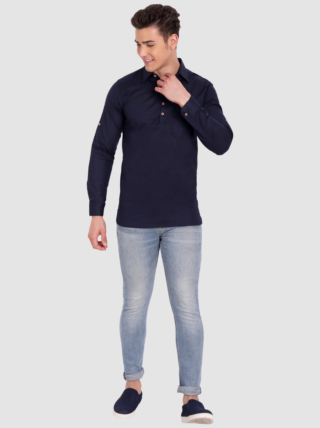 BLUE ROBED men's Full Sleeve Casual Cotton Kurta in Navy Blue view 38