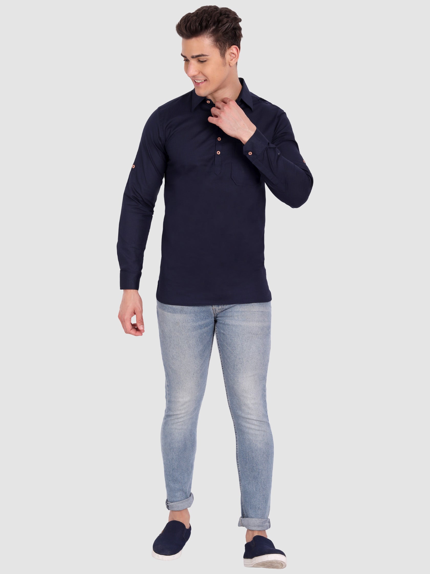 BLUE ROBED men's Full Sleeve Casual Cotton Kurta in Navy Blue view 38