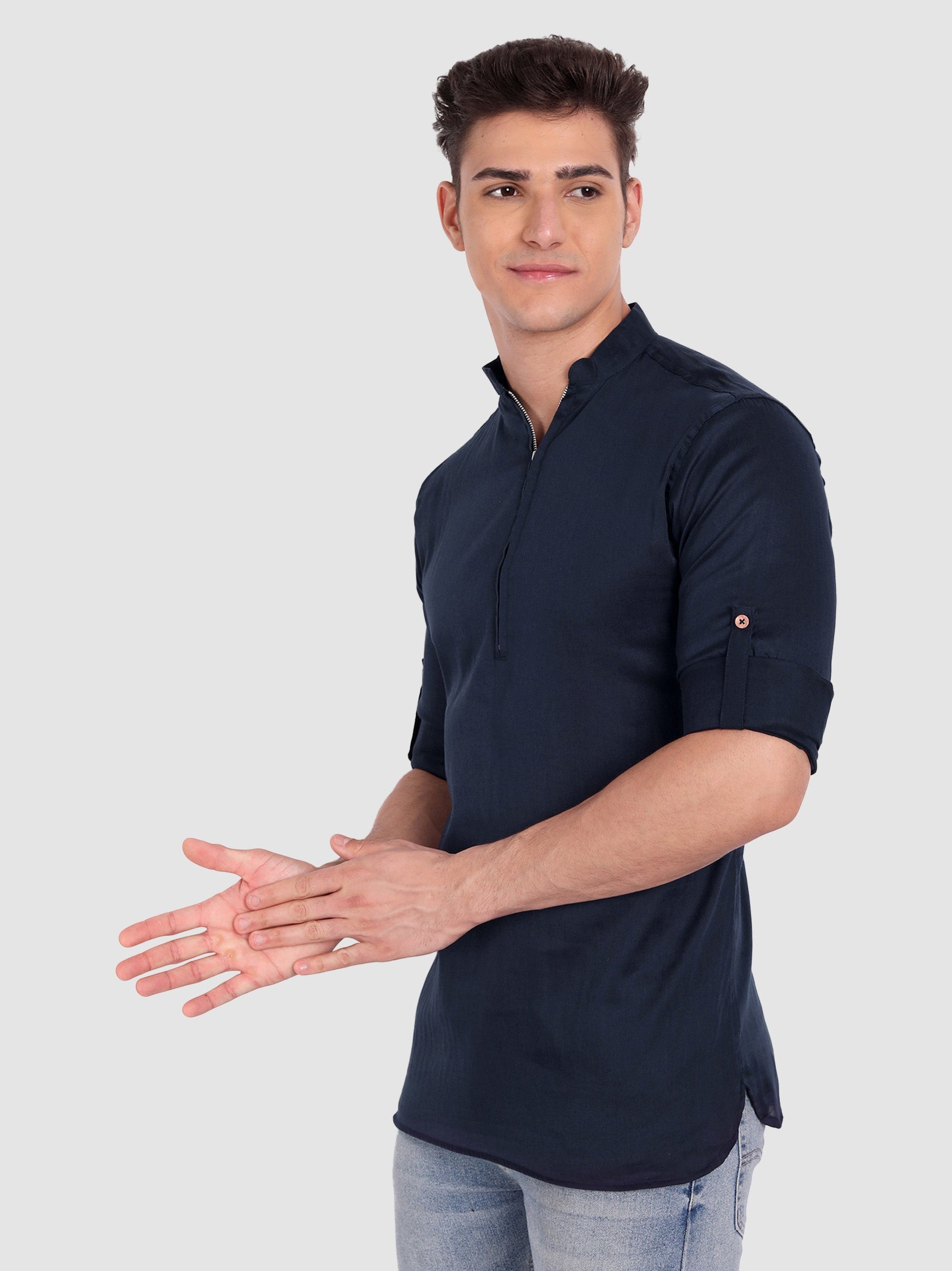 BLUE ROBED men's Casual ZIP Style Full Sleeve Cotton Kurta in Navy Blue view 27
