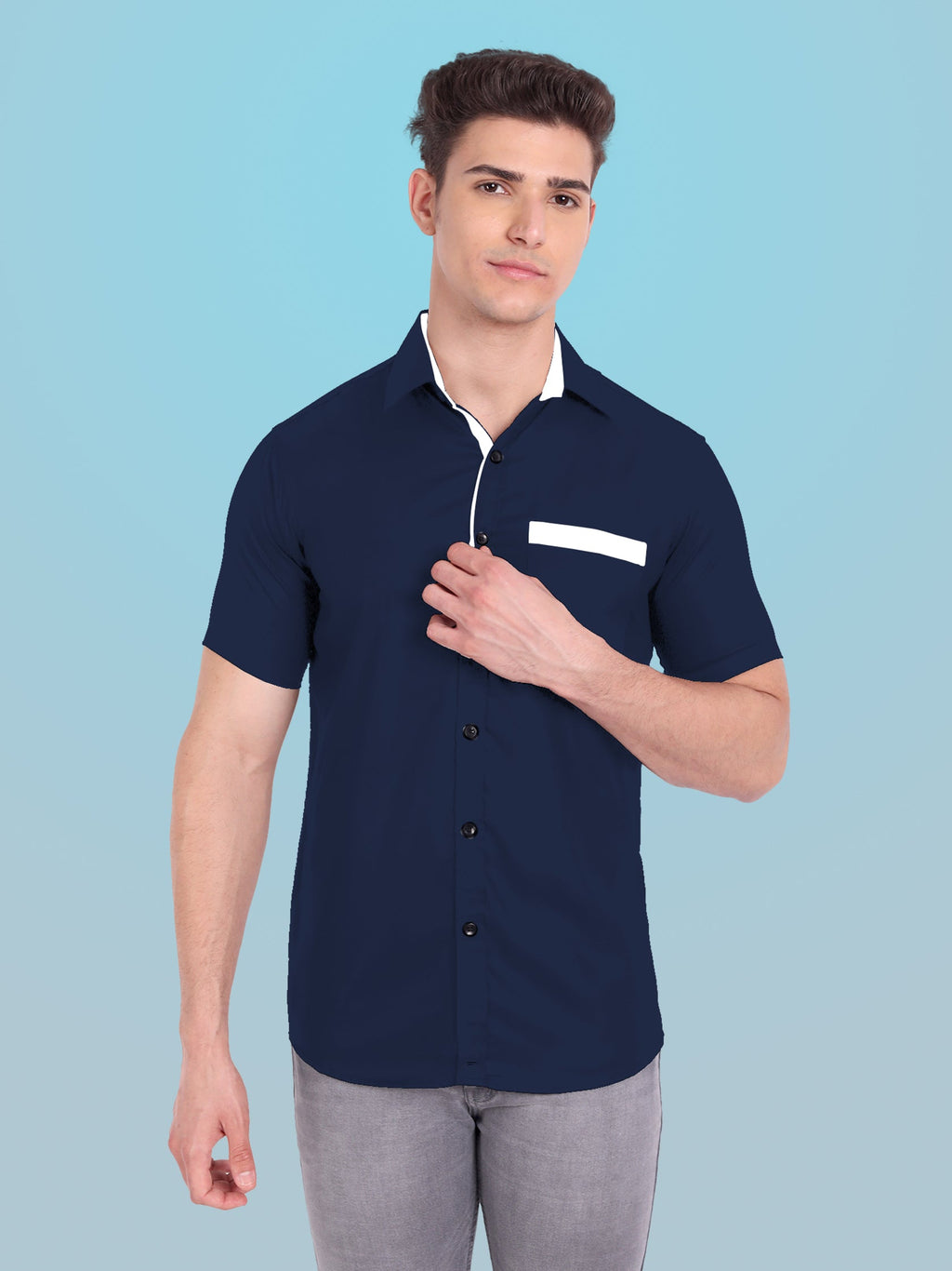 Men's Casual Half Sleeve Silver Button Shirt in Black by BLUE ROBED, back view