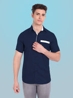 Men's Casual Half Sleeve Silver Button Shirt in Black by BLUE ROBED, back view