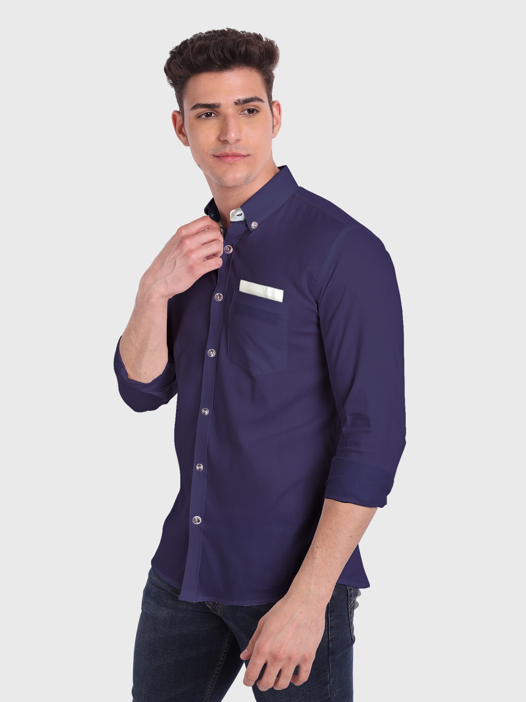 Men's Casual Full Sleeve Silver Button Shirt in White by BLUE ROBED, fit view