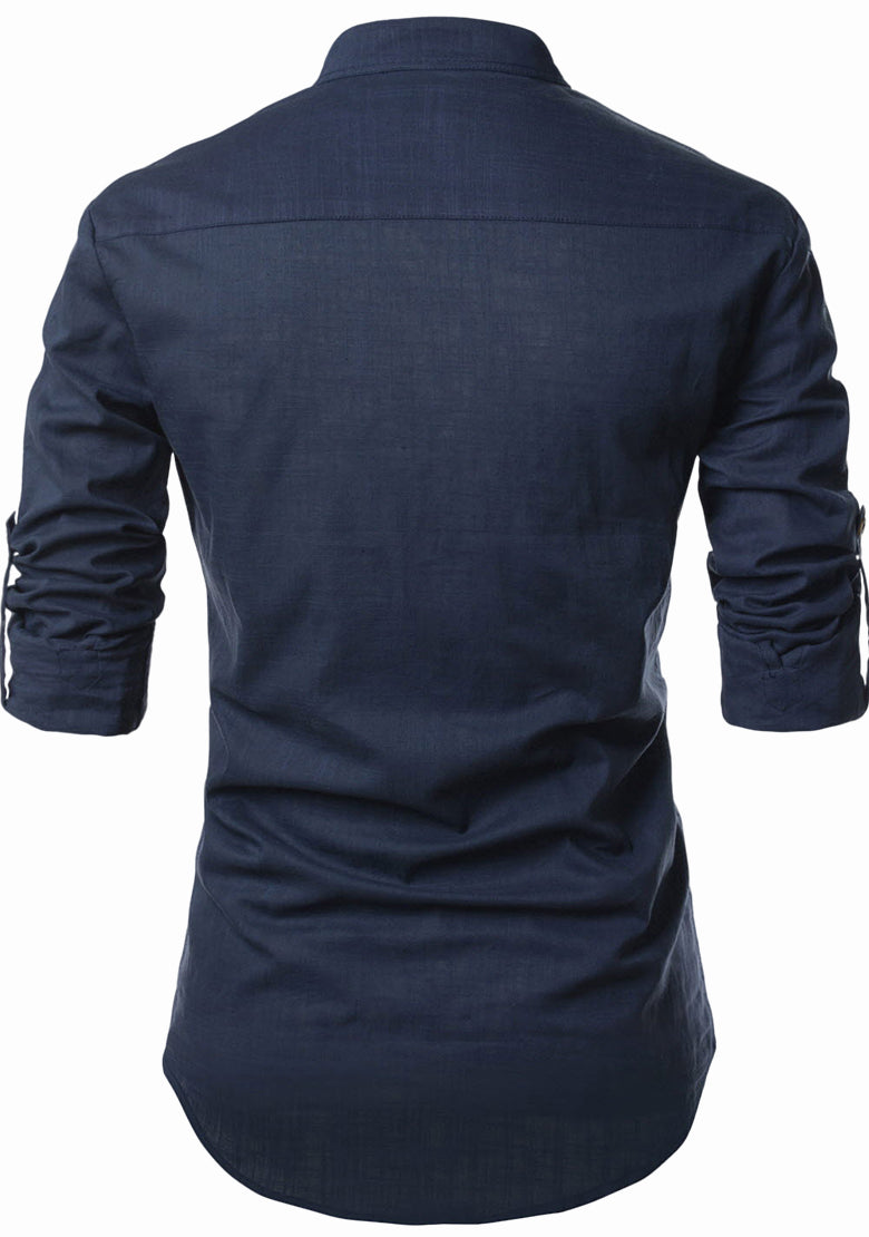 BLUE ROBED men's Casual Slim Fit Full Sleeve Pocket Contrast Kurta in Navy Blue view 32