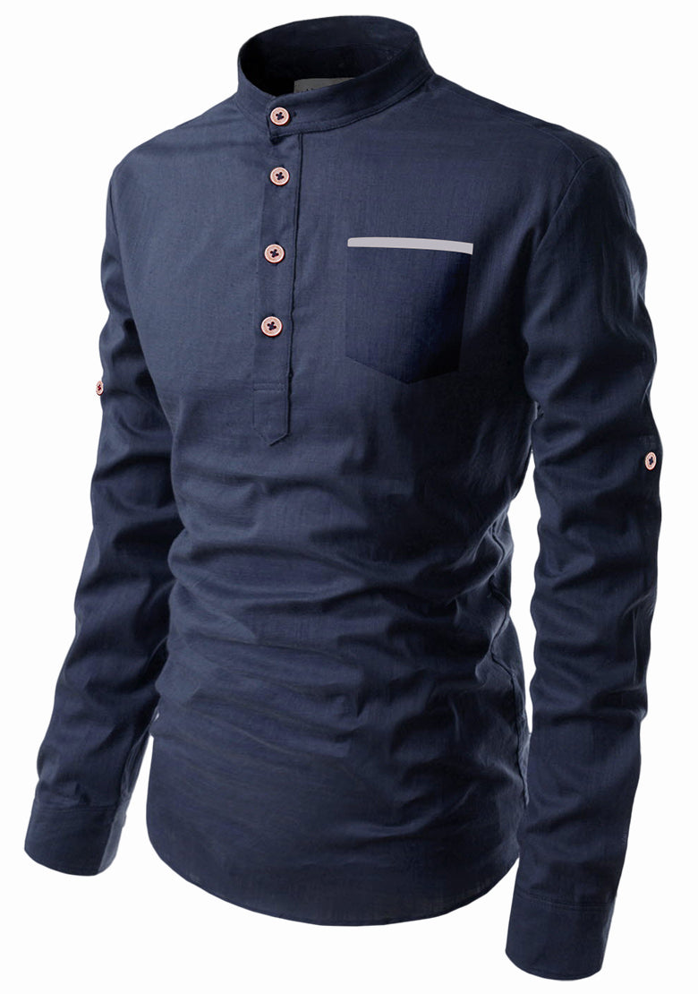 BLUE ROBED men's Casual Slim Fit Full Sleeve Pocket Contrast Kurta in Navy Blue view 33