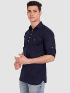 BLUE ROBED men's Full Sleeve Casual Cotton Kurta in Navy Blue view 39
