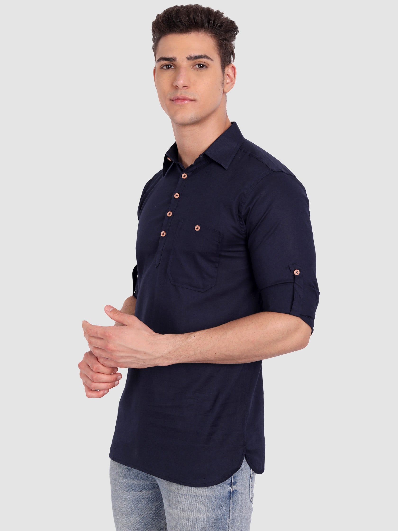 BLUE ROBED men's Full Sleeve Casual Cotton Kurta in Navy Blue view 39