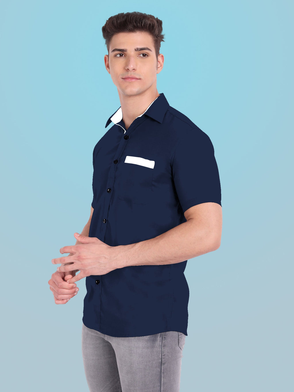 Men's Casual Half Sleeve Silver Button Shirt in Black by BLUE ROBED, detail view