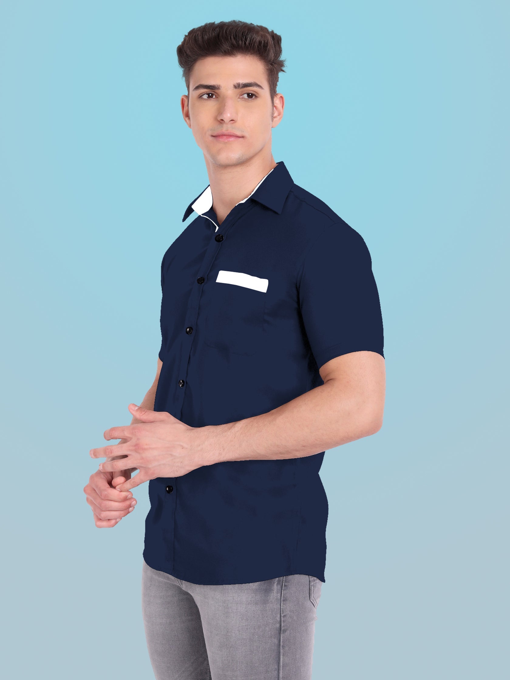 Men's Casual Half Sleeve Silver Button Shirt in Black by BLUE ROBED, detail view