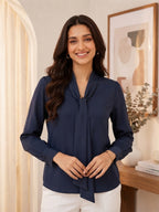 Women Solid Tie-Up Neck Crepe Top