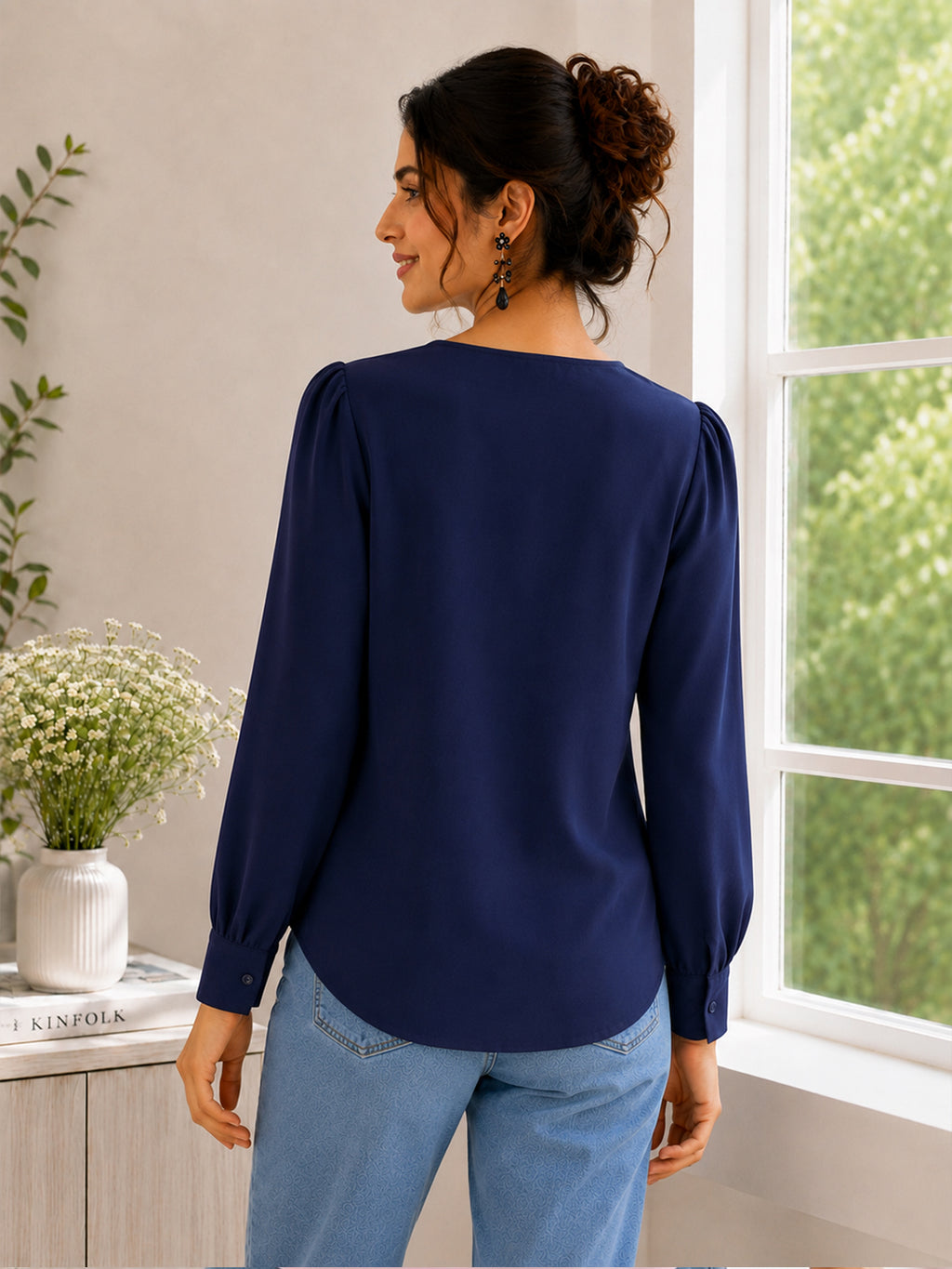 Women’s Crepe Formal Top | Elegant V-Neck Office Wear Blouse